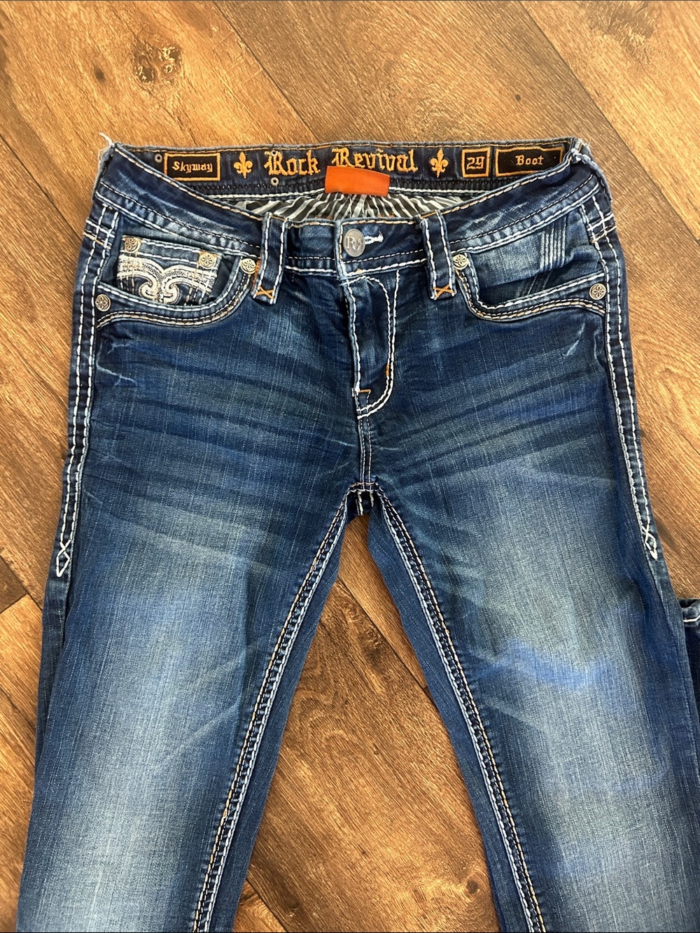 Rock Revival Women's Blue Boot Cut Jeans with Contrast Stitching